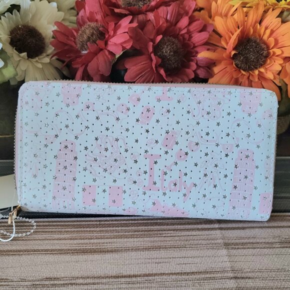 Blush Pink Italy Theme Vegan Leather Zip Wallet Glitter & Star Rhinestones NWT - Picture 1 of 6